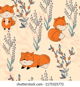 Vector hand drawn seamless pattern. Cute cartoon fox.