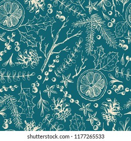 Vector hand drawn seamless pattern with Christmas natural herbal elements. Mistletoe, citrus and fir-tree branches. Sketchy style.