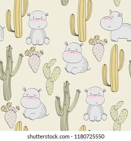 Vector hand drawn seamless pattern with cactuses and hippos