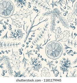 Vector hand drawn seamless pattern with Christmas natural herbal elements. Mistletoe, citrus and fir-tree branches. Sketchy style.