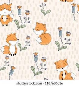 Vector hand drawn seamless pattern. Cute cartoon foxes.