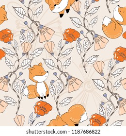 Vector hand drawn seamless pattern. Cute cartoon foxes.