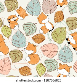 Vector hand drawn seamless pattern. Cute cartoon foxes.