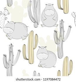 Vector hand drawn seamless pattern with cactuses and hippos.