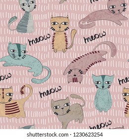 Vector hand drawn seamless pattern with cats