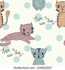 Vector hand drawn seamless pattern with cats