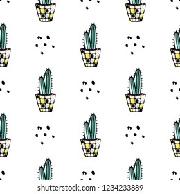Vector hand drawn seamless pattern with cute cactus and abstract elements. Stylish background with desert plants. Trendy vector design. Bright repeated texture with green cacti.