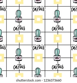 Vector hand drawn seamless pattern with cute cactus and abstract elements. Stylish background with desert plants. Trendy vector design. Bright repeated texture with green cacti.