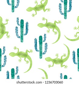 Vector hand drawn seamless pattern with green watercolor lizard and cactus.