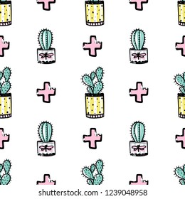 Vector hand drawn seamless pattern with cute cactus and abstract elements. Stylish background with desert plants. Trendy vector design. Bright repeated texture with green cacti.