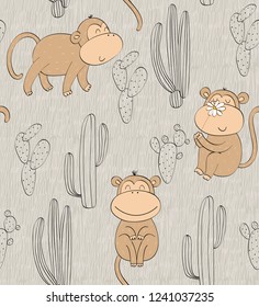 Vector hand drawn seamless pattern with cactuses and monkeys