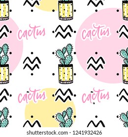 Vector hand drawn seamless pattern with cute cactus and abstract elements. Stylish background with desert plants. Trendy vector design. Bright repeated texture with green cacti.