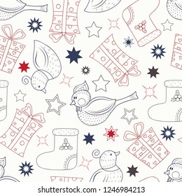 Vector hand drawn seamless pattern with New Year elements. Cute objects, animals and birds made of childish style 