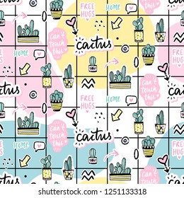 Vector hand drawn seamless pattern with cute cactus and abstract elements. Stylish background with desert plants. Trendy vector design. Bright repeated texture with green cacti.