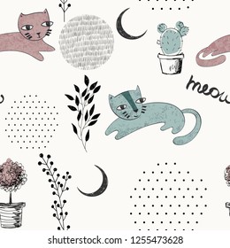 Vector hand drawn seamless pattern with cats