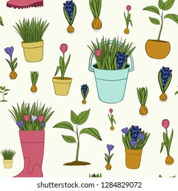 Vector hand drawn seamless pattern gardening with flowers. Pattern for fabric, paper and other printing and web projects