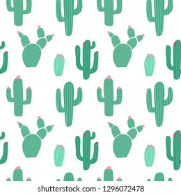 Vector Hand Drawn Seamless Pattern With Different Cacti In Cute Cartoon Style. Isolated Cactus Print For Textile, Cloth.