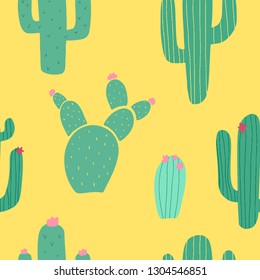 Vector Hand Drawn Seamless Pattern With Different Cacti In Cute Cartoon Style. Isolated Cactus Print For Textile, Cloth.