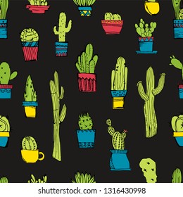 Vector hand drawn seamless pattern with different cactus. Bright repeated texture with green cacti. Natural hand drawing background with desert plants.