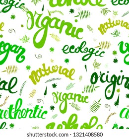 vector hand drawn seamless pattern of green signs and leaves. Food, catering, lifestyle, veganism themes.