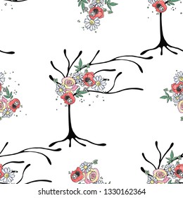 Vector hand drawn seamless pattern, graphic illustration of tree with flowers, leaves, branch Sketch drawing, doodle style. Artistic abstract, watercolor silhouette wirh rose, poppy, dandelion, leaf.