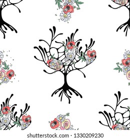 Vector hand drawn seamless pattern, graphic illustration of tree with flowers, leaves, branch Sketch drawing, doodle style. Artistic abstract, watercolor silhouette wirh rose, poppy, dandelion, leaf.