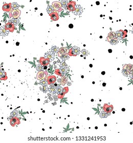 Vector hand drawn seamless pattern, graphic illustration with flowers, leaves, branch Sketch drawing, doodle style. Artistic abstract, watercolor silhouette wirh rose, poppy, dandelion, leaf. artistic