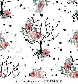 Vector hand drawn seamless pattern graphic illustration of tree with flowers leaves branch Sketch drawing, doodle style Artistic abstract, watercolor wirh drip blot splotch ink splodge spray