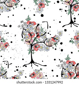 Vector hand drawn seamless pattern graphic illustration of tree with flowers leaves branch. Sketch drawing, doodle style Artistic abstract, watercolor with drip blot splotch ink splodge spray