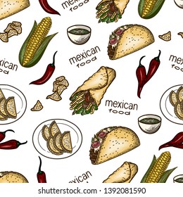 Vector hand drawn seamless pattern of Mexican national food.Burrito, nachos, corn, guacamole, salsa, empanadas, tacos and chili paper in the engraving style isolated on white background.