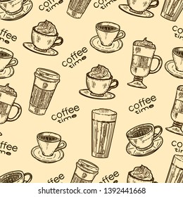 Vector hand drawn seamless pattern of coffee.Latte, cappuccino, frappe, espresso americano and americano in cup for take away in the engraving vintage style.