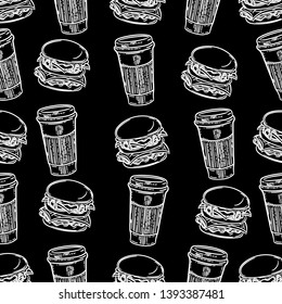 Vector hand drawn seamless pattern of  americano in cup for take away and burger in the engraving style on black background.