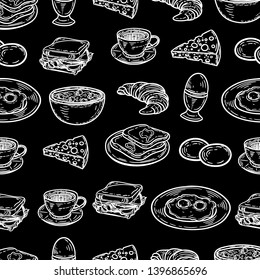 Vector hand drawn seamless pattern for breakfast. Eggs, toasts, cheese, coffee, croissant, sandwich and porridge in the engraving style on black background.