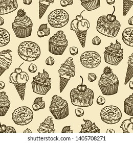 Vector hand drawn seamless pattern of cupcakes ice creams and donuts in the engraving vintage style.