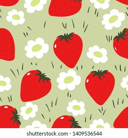 Vector of hand drawn seamless pattern with strawberry and flowers