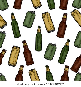 Vector hand drawn seamless pattern of colorful cans and bottles in the engraving style on white background.
