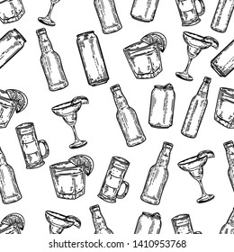 Vector hand drawn seamless pattern of alcohol drinks isolated on white.