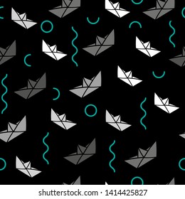 Vector hand drawn seamless pattern with paper black and white boats  on black background. Concept for paper design, postcard, textile, prints.