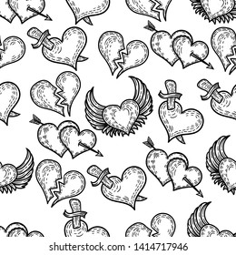 Vector hand drawn seamless pattern of pop art hearts.Brocken heart, two hearts with arrow, heart with wings and heart punctured by sword.