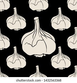Vector hand drawn seamless pattern of vegetables.Onions, garlics and chilli peppers in the engraving vintage style.