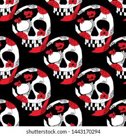 Vector hand drawn seamless pattern illustration of smiling skull, flowers, spider web, tooth, lines face of human Print horror fabric Mexican style, day of the dead, halloween Sketch, doodle drawing
