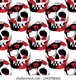 Vector hand drawn seamless pattern illustration of smiling skull, flowers, spider web, tooth, lines face of human Print horror fabric Mexican style, day of the dead, halloween Sketch, doodle drawing
