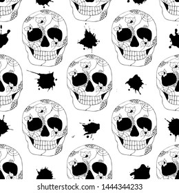 Vector hand drawn seamless pattern illustration of smiling skull with flowers, spider web, tooth, lines face of human Print horror fabric. Mexican style, day of the dead, halloween. Sketch, doodle 