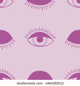 Vector hand drawn seamless pattern with open and winking eyes on pink background.