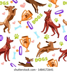 Vector hand drawn seamless pattern in cartoon flat style with dogs jumping, running, and sitting. Also features an award, cup, collar, bone and paw print. Isolated on white background.