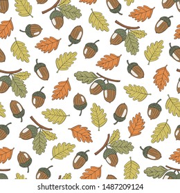 Vector hand drawn seamless pattern with colorful autumn leaves and acorns
