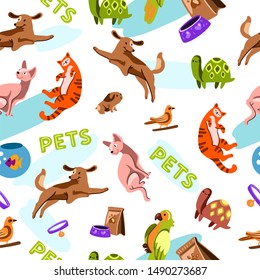 Vector hand drawn seamless pattern with dogs, cats, parrot, turtle,package,fish, collar, guinnea pig. Isolated on white. For pet shop advertisement, children linen, apparel, souvenirs, wrapping paper 