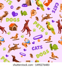 Vector hand drawn seamless pattern with dogs, cats, parrot, turtle,package, husky, collar, guinnea pig, kennel. For pet shop advertisement, children linen, apparel, souvenirs, wrapping paper 