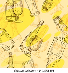 Vector hand drawn seamless pattern “Cider” with bottle, glass and apple. Yellow background, engraving style. For menu covers, banners, advertisements.