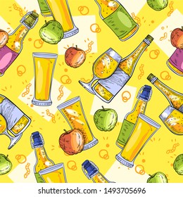 Vector hand drawn seamless pattern “Cider” with bottle, glass, bubbles and apples. Yellow-white background, engraving style. For menu covers, banners, advertisements.